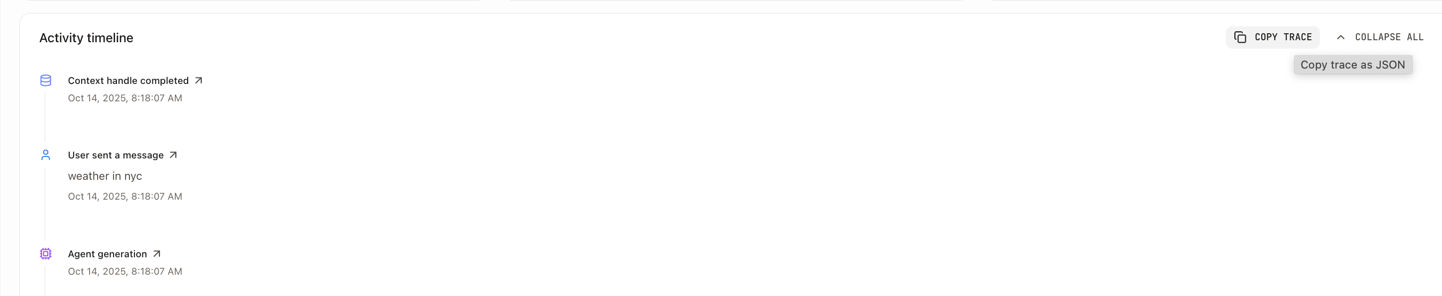 Copy Trace button in the timeline view for exporting conversation traces